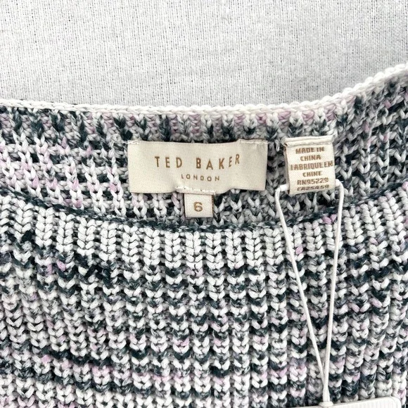 TED BAKER Aspel Puff Sleeve Sweater Womens 12 14 White Gray Marled Tie Back Knit - Picture 11 of 16